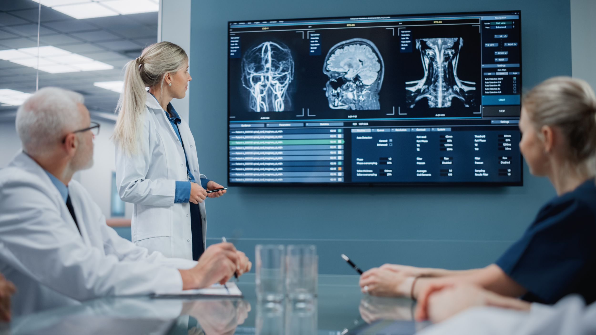Neurologin und Neurowissenschaftler in Besprechungszimmer vor Bildschirm