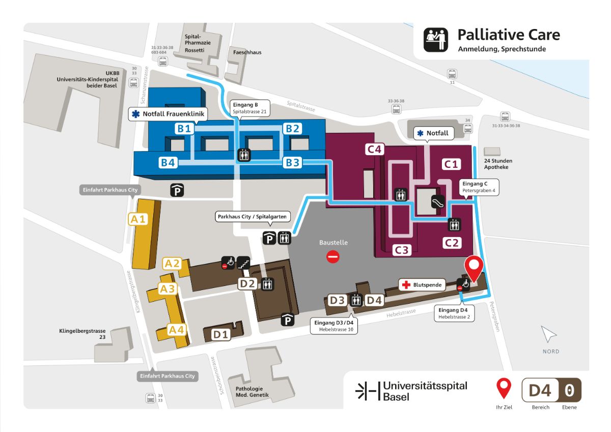 Karte mit Weg zur Palliative Care in der Hebelstrasse 2, Erdgeschoss.