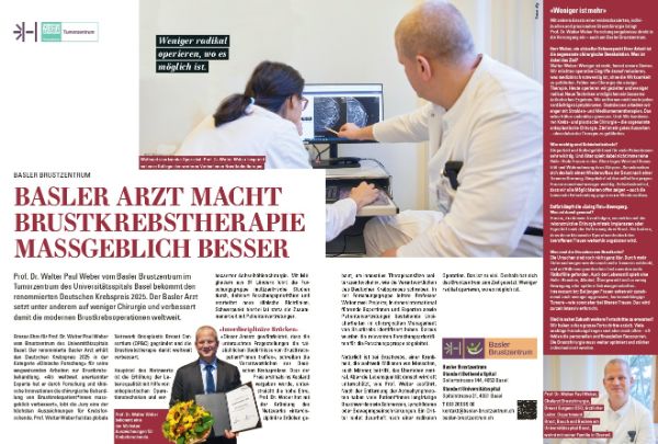 Prof. Dr. Walter Paul Weber vom Basler Brustzentrum im Tumorzentrum des Universitätsspitals Basel bekommt den renommierten Deutschen Krebspreis 2025. Der Basler Arzt setzt unter anderem auf weniger Chirurgie und verbessert damit die modernen Brustkrebsoperationen weltweit.